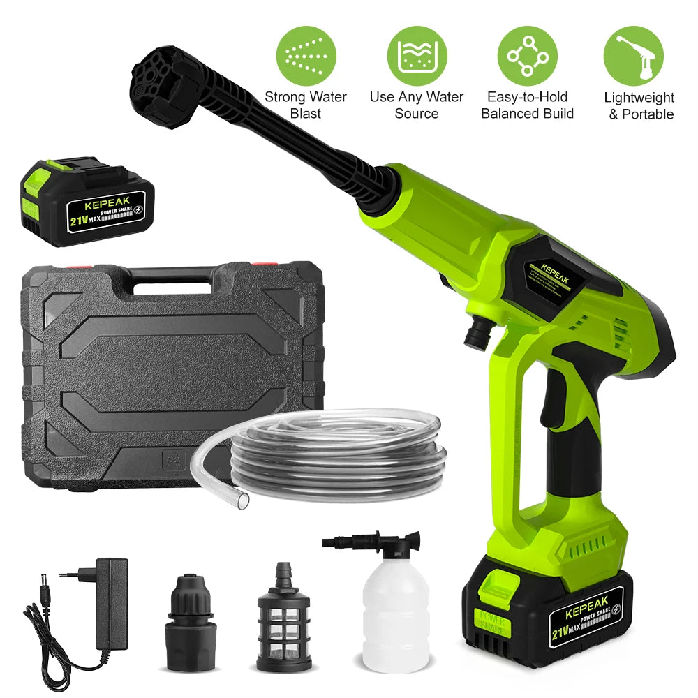 200W Cordless High Pressure Car Washer Spray Water Gun Home Car Washing Machine with 10-Section Single Battery Carrying Case