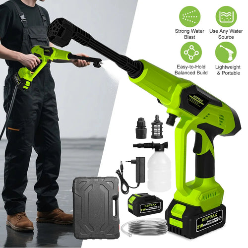 200W Cordless High Pressure Car Washer Spray Water Gun Home Car Washing Machine with 10-Section Single Battery Carrying Case