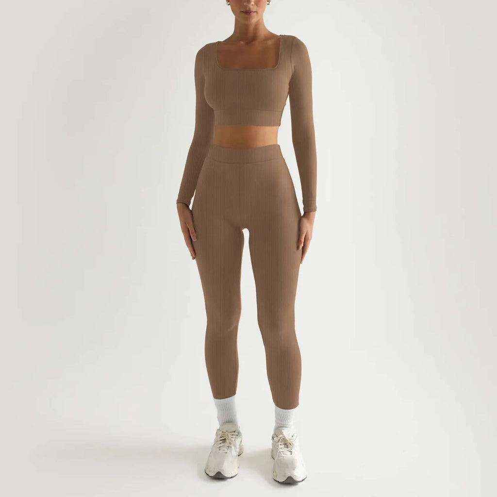 2Pc Yoga Sets for Women Women'S Fashion Casual Solid Color Long Sleeve Square Collar Two Piece Slim Yoga Sports Pants Suit Yoga Sets Yoga Package